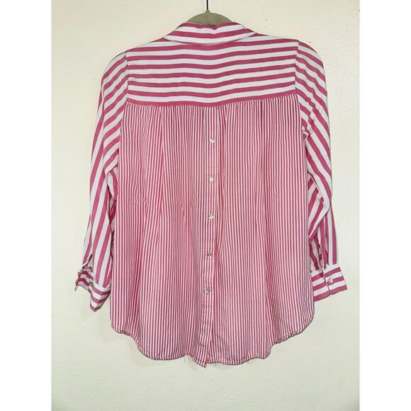 Jane & Delancey Women's Red Striped Asymmetrical Hem Blouse Size M Back Buttons - Picture 3 of 3